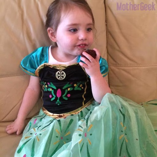 Frozen Anna Coronation Fancy Dress Costume - 1 Honest Review 3 Syd and her Frozen Anna Coronation Fancy Dress Costume covered in cake.